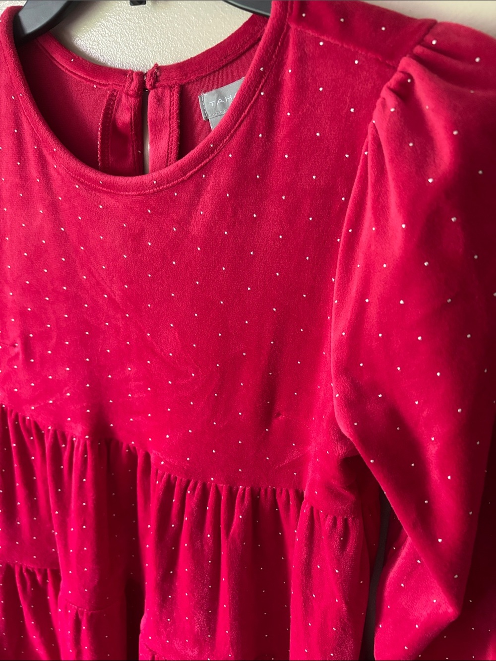Tahari Girls' Red Velvet Tiered Dress with Silver Dots - Picture 2 of 7